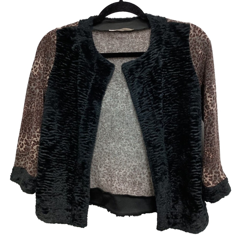 VTG Manito Cardigan Womens Small Brown Black Faux Fur Trim Crop Animal Print